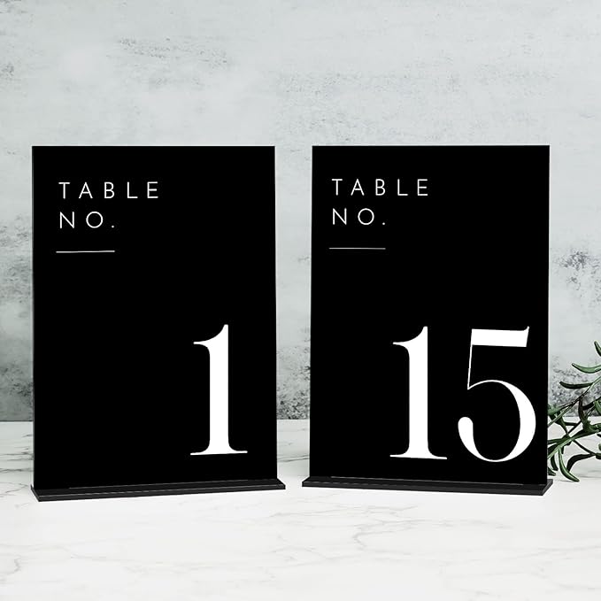 JINMURY Wedding Black Table Numbers 1-15 with Stands, 5"x7" Black Acrylic Table Numbers with White Font for Wedding Party Reception (1-15, 5"x7")