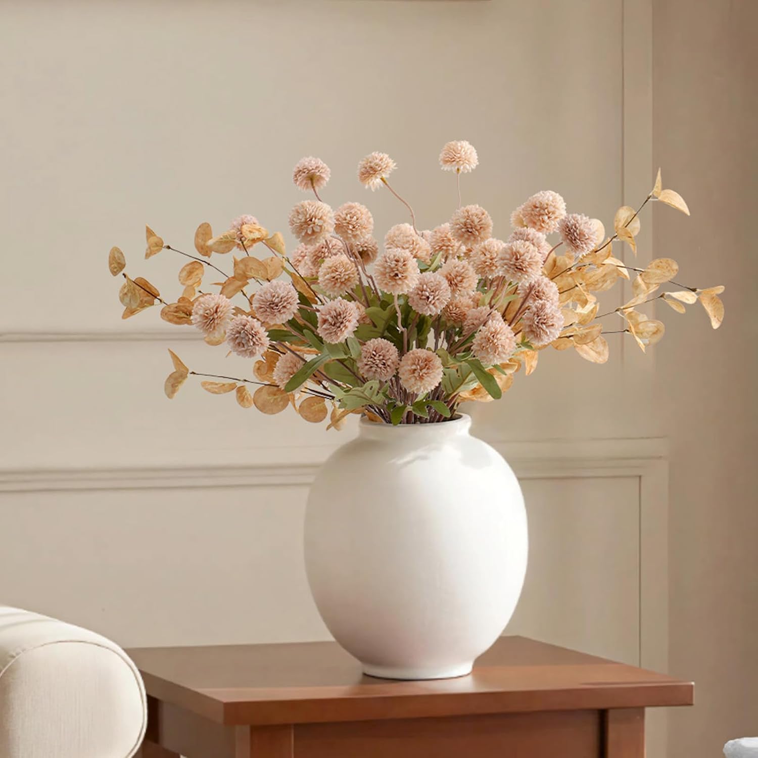 Real-Touch Faux Silk Mums Bouquet, 12 Pcs with 2 Eucalyptus Stems, Bendable Long Stems, Full & Realistic Artificial Flower Arrangement for Vase, Table, Wedding & Wreath Décor, Beige (No Vase)