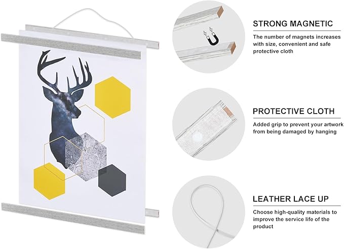 Magnetic Poster Hanger, 36x48 36x24 36x12 Poster Frame Wood Wooden Magnet Print Posters Dowel Scroll Hanger Hangers Hanging Kit for Walls Map Canvas Artwork (Grey, 36")