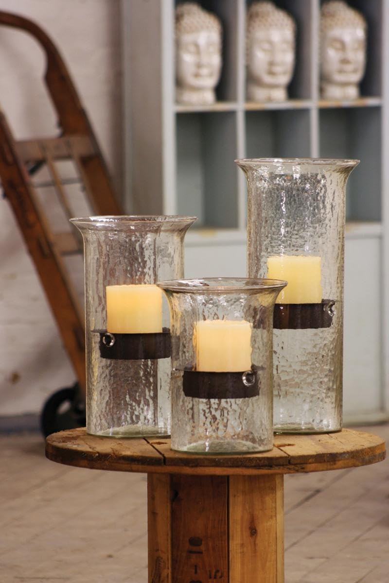 Glass Hurricane Pillar Candle Holder with Rustic Metal Insert, Perfect as a Centerpiece (Large)