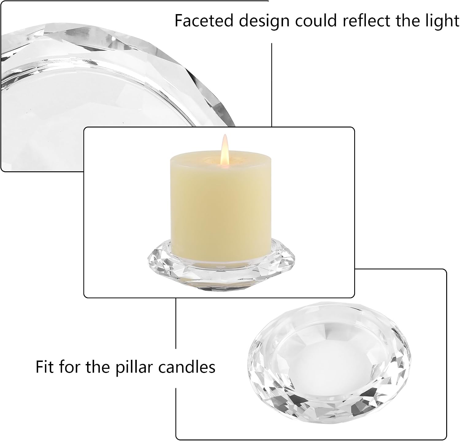 Crystal Pillar Candle Holders Decorations for Home Party Dinner Christmas, Suitable for Large Cylindrical Candles Hand-Cut 4.3'' X 1'' Clear, Pack of 2