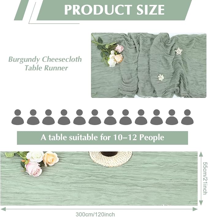 Sage Green Cheesecloth Table Runner -21*120Inch Long Boho Wedding Table Decor, Rustic Gauze Fabric Runner for Bridal Showers, Baby Showers & Parties (Sheer, Lightweight, Wrinkled Design)