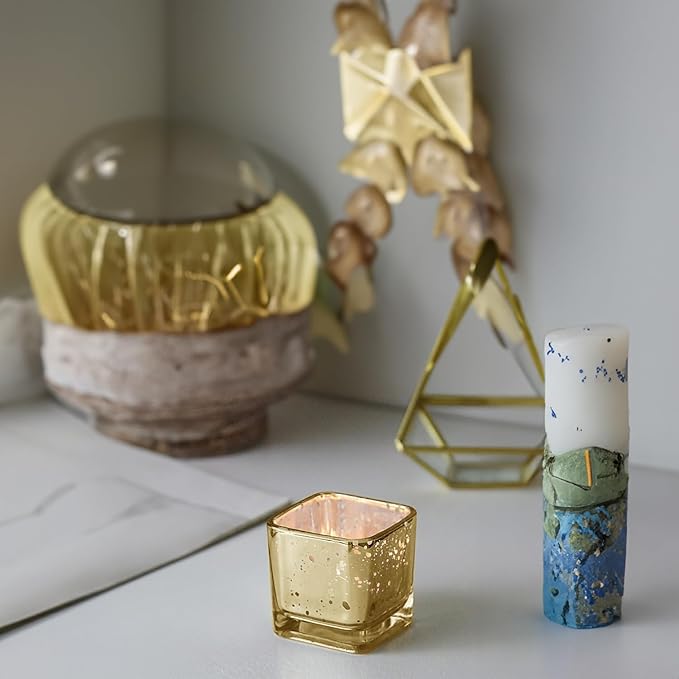 WGV 2 Inch Gold Speckle Square Cube Glass Votive Candle Holder Bulk, Small Tiny Mercury Tea Light 2x2”, 6 Pc