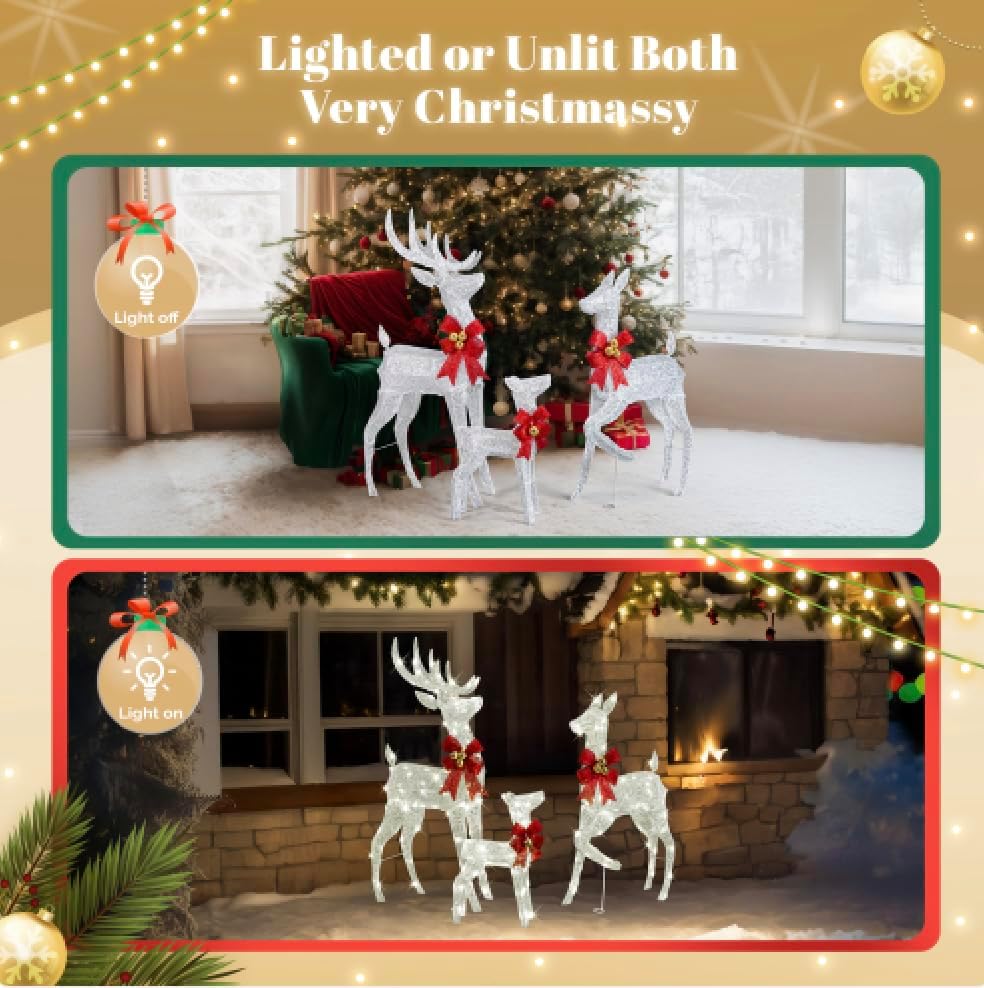 vingli 4ft silver lighted christmas reindeer family set, close-up detail