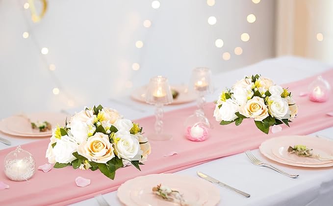 Flower Balls Wedding Rose Centerpieces: 6 Pcs Fake Flowers with Base Kissing Balls Decor Champagne &White Artificial Floral Arrangements Flower Bouquet of Roses Home Party Table DIY Decorations
