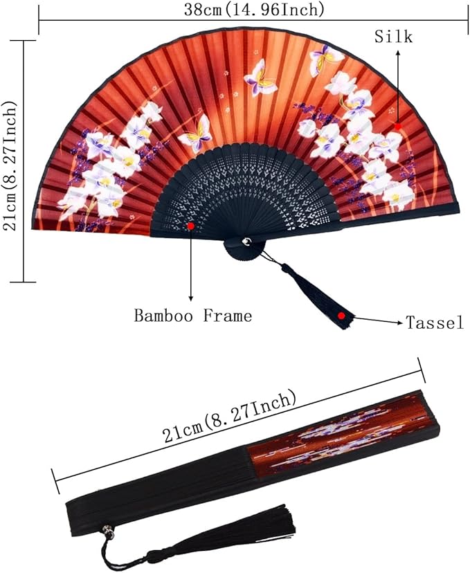 Amajiji Folding Hand Fan for Women, Chinese Japanese Vintage Style Bamboo Silk Hand Held Folding Fans for Party Wedding Dancing Decoration Gift Performance (AM-08)