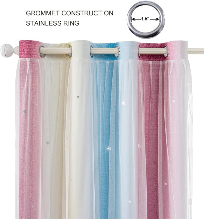 FANLI Ombre Rainbow Blackout Curtains for Kid Girls Bedroom Living Room Darking Stripe Double Layer Star Cut Out Wall Home Decor Gradient Grommet Window Curtains （Blue Purple 52Wx63L）