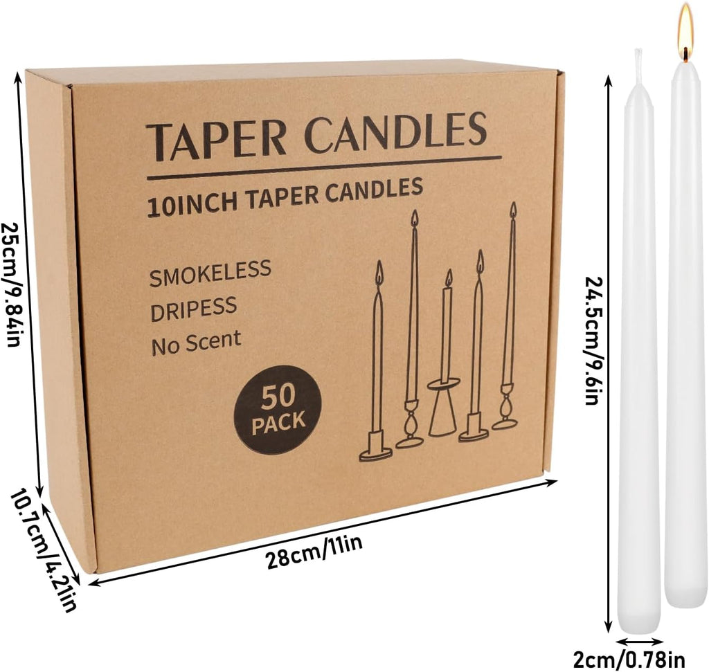 WPONSZU 50 Pack White Taper Candles, 7-8 Hours Burn Time, Unscented, Smokeless and Dripless, 4/5 x 10 Inch for Christmas,Household,Dinner,Wedding,Valentine's Day,Party and Home Décor Candlesticks