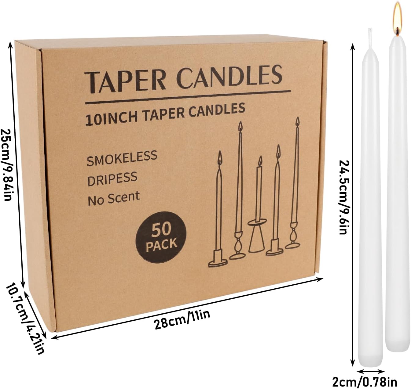 WPONSZU 50 Pack White Taper Candles, 7-8 Hours Burn Time, Unscented, Smokeless and Dripless, 4/5 x 10 Inch for Christmas,Household,Dinner,Wedding,Valentine's Day,Party and Home Décor Candlesticks