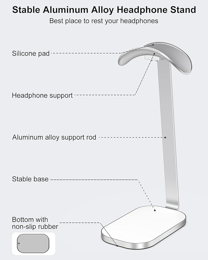 VICHYIE Headphone Stand for AirPods Max, Headset Holder with Aluminum Supporting Rod, Heavy Base Desk Stand Headphones Support Accessory for All Headphones - Silver White