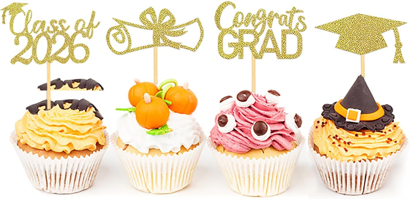 2026 Graduation Theme Cupcake Toppers Glitter Class of 2026 Graduation Cap Diploma Cupcake Picks - Set of 24 (Gold)
