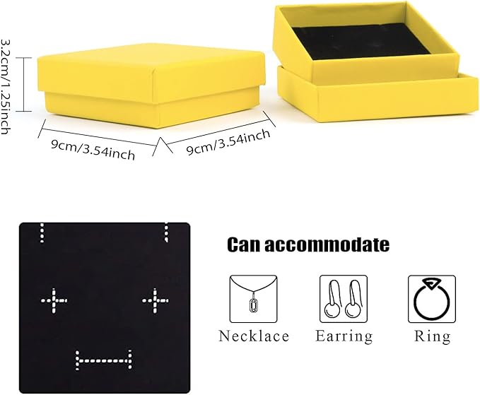 Gift Box Necklace Earring Ring Set, 12 Pieces Square Cardboard Jewelry Boxes, Cotton Filled Paper Case (3.5x3.5x1.25 Inches) (Yellow)