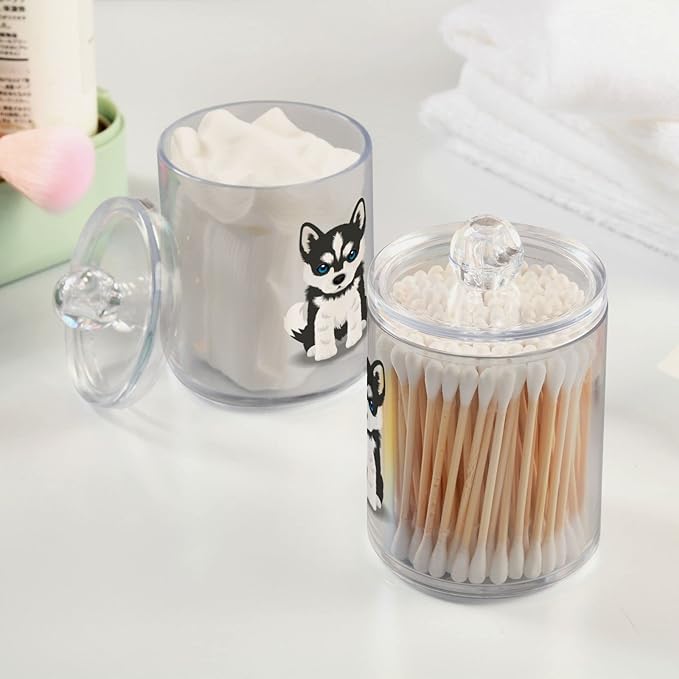2 Pack Qtip Dispenser Apothecary Jars Dog Bathroom Organizer, Siberian Husky Puppy Qtip Holder Storage Canister Plastic Acrylic Jar for Cotton Ball/Swab/Rounds