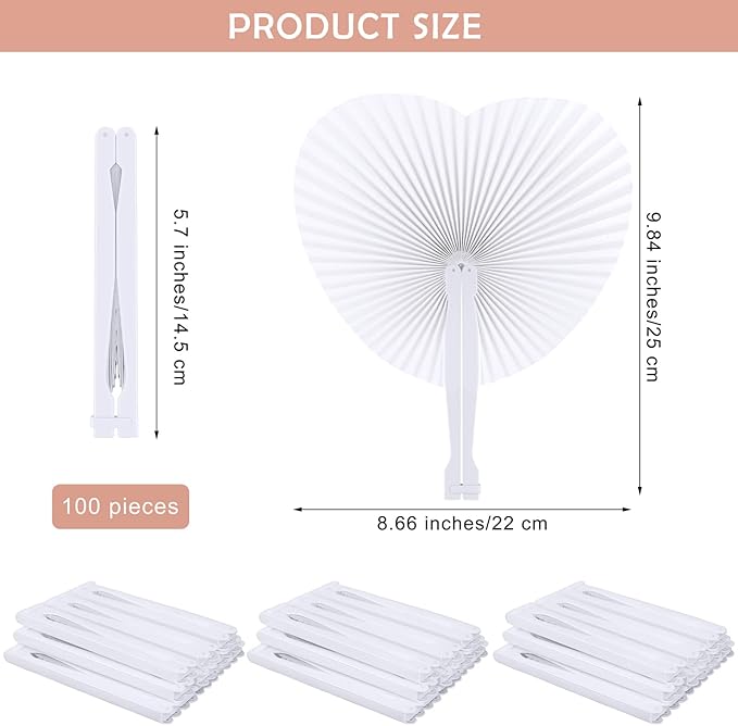 Aodaer 100 Pack Heart Shaped Folding Fans White Paper Fans Handheld Fans with Plastic Handles for Party, Wedding, Anniversary Decoration
