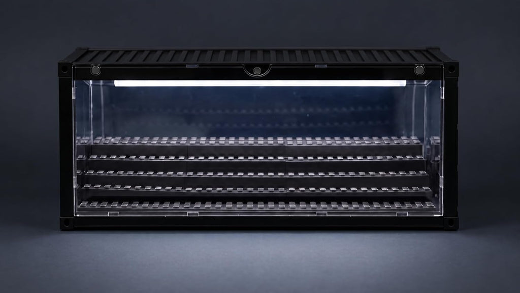minifigure display case with light & 5-tier removable showing dimensions
