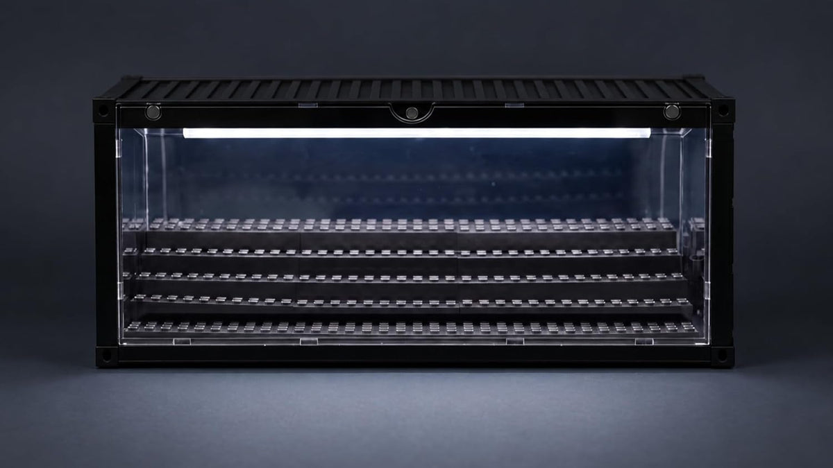 minifigure display case with light & 5-tier removable showing dimensions