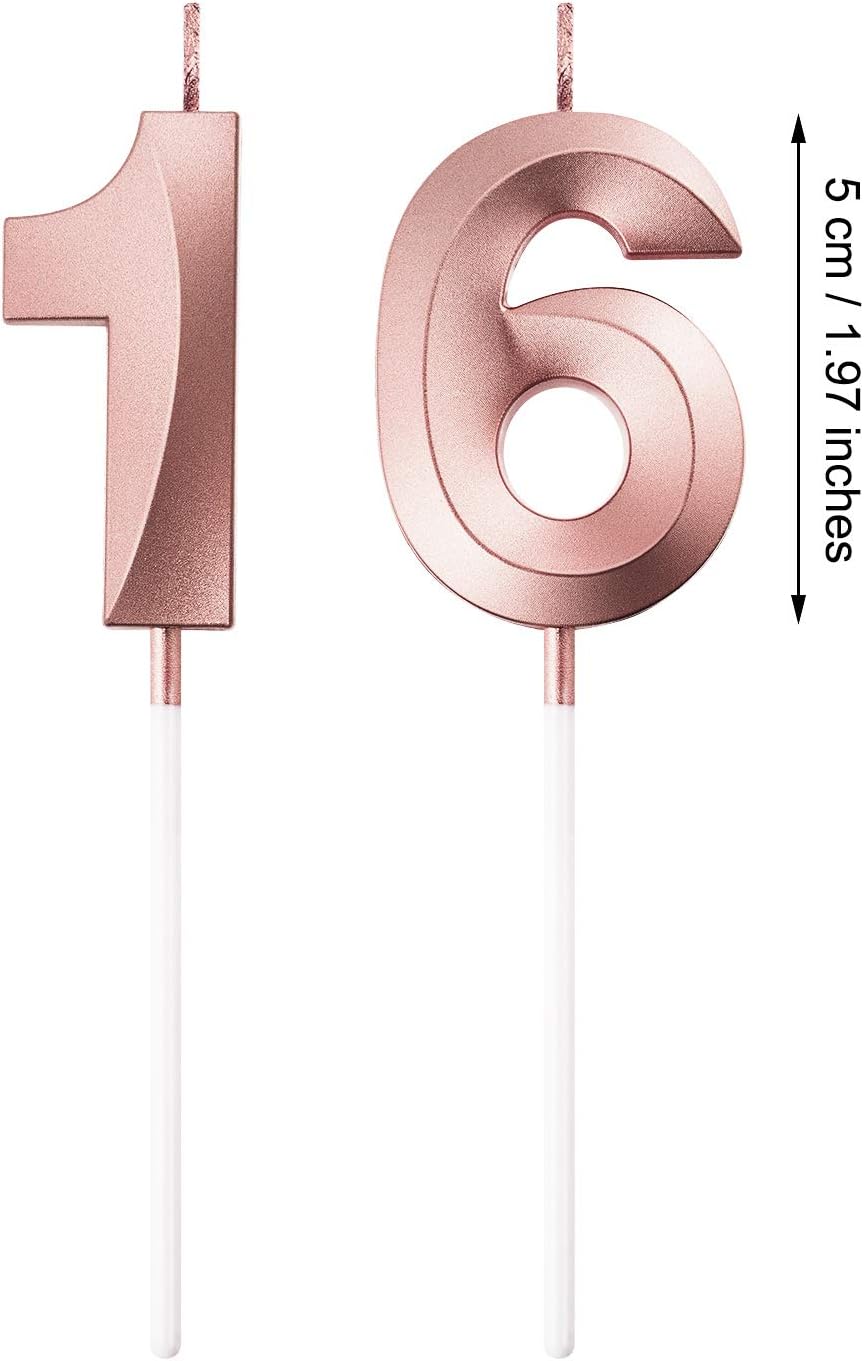 BBTO 16th & 61st Birthday Candles Number Candles Cake Topper Decoration for Birthday Wedding Anniversary Celebration Supplies(Rose Gold)
