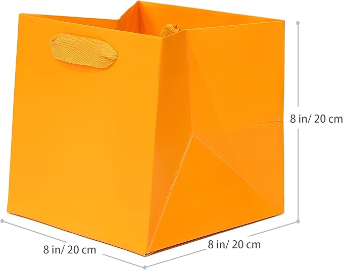 Orange Paper Gift Bag Small Square Bottom Kraft Paper Bags with Handles for Wedding Baby Shower Birthday Party (Orange, 8 x 8 x 8 in, 10 CT)