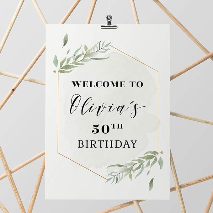 Andaz Press Personalized Extra Large Birthday Easel Board Party Sign, 12x18-inch, Modern Black, Gold with Green Leaves Florals, Welcome to Olivia's 50th Birthday, 1-Pack, Custom Name Age