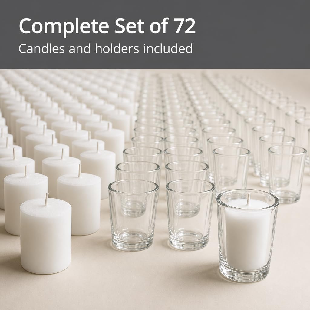 Yummi Set of 72 10hr Votive Candles & Glass Votive Holders, Clear