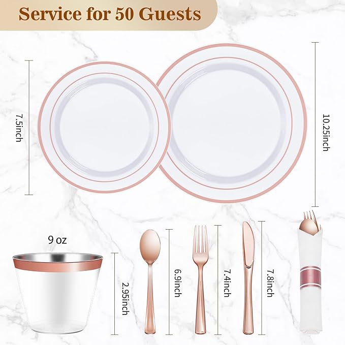 BESTVIP 175PCS Rose Gold Plastic Dinnerware Set, Disposable Party Plates for 25 Guests, Include: 50 Plastic Plates, 25 Pre Rolled Napkins with Rose Gold Silverware, 25 Cups for Christmas, Halloween