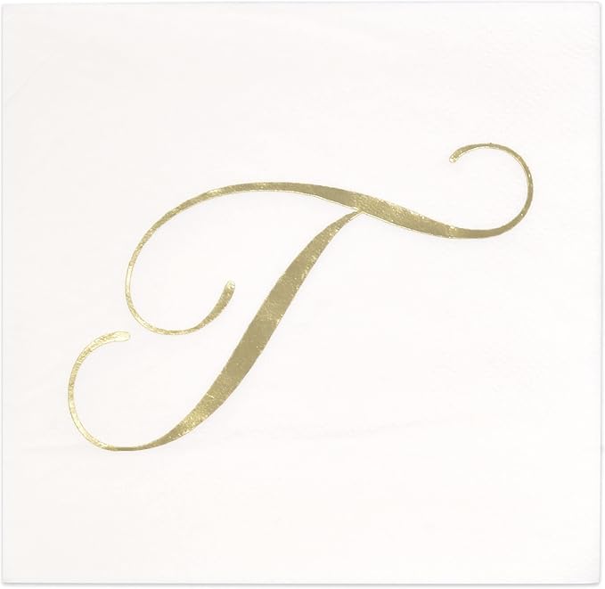 Gift Boutique 100 Gold Monogram Cocktail Napkins Letter T Disposable Paper Pack Elegant Metallic Golden Foil Hand Napkin for Powder Room Wedding Holiday Birthday Party Baby Shower Decorative Towels
