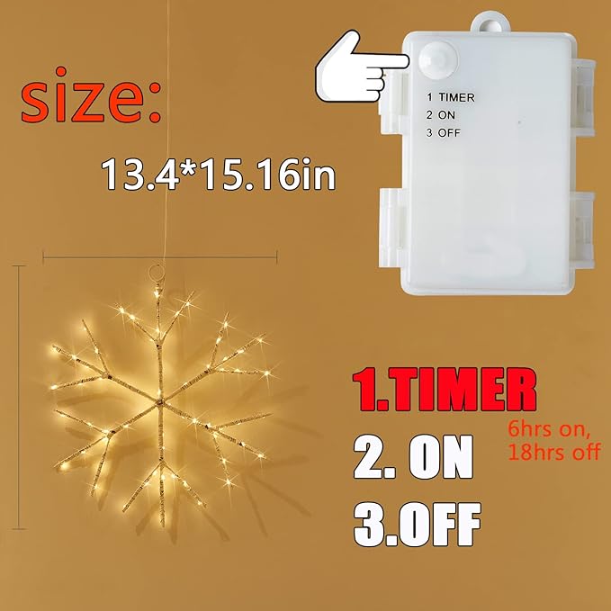 Fudios Snowflake Lights Warm White Battery Operated with Timer 70 LED 14in for Christmas Wall Window Decoration 2sets