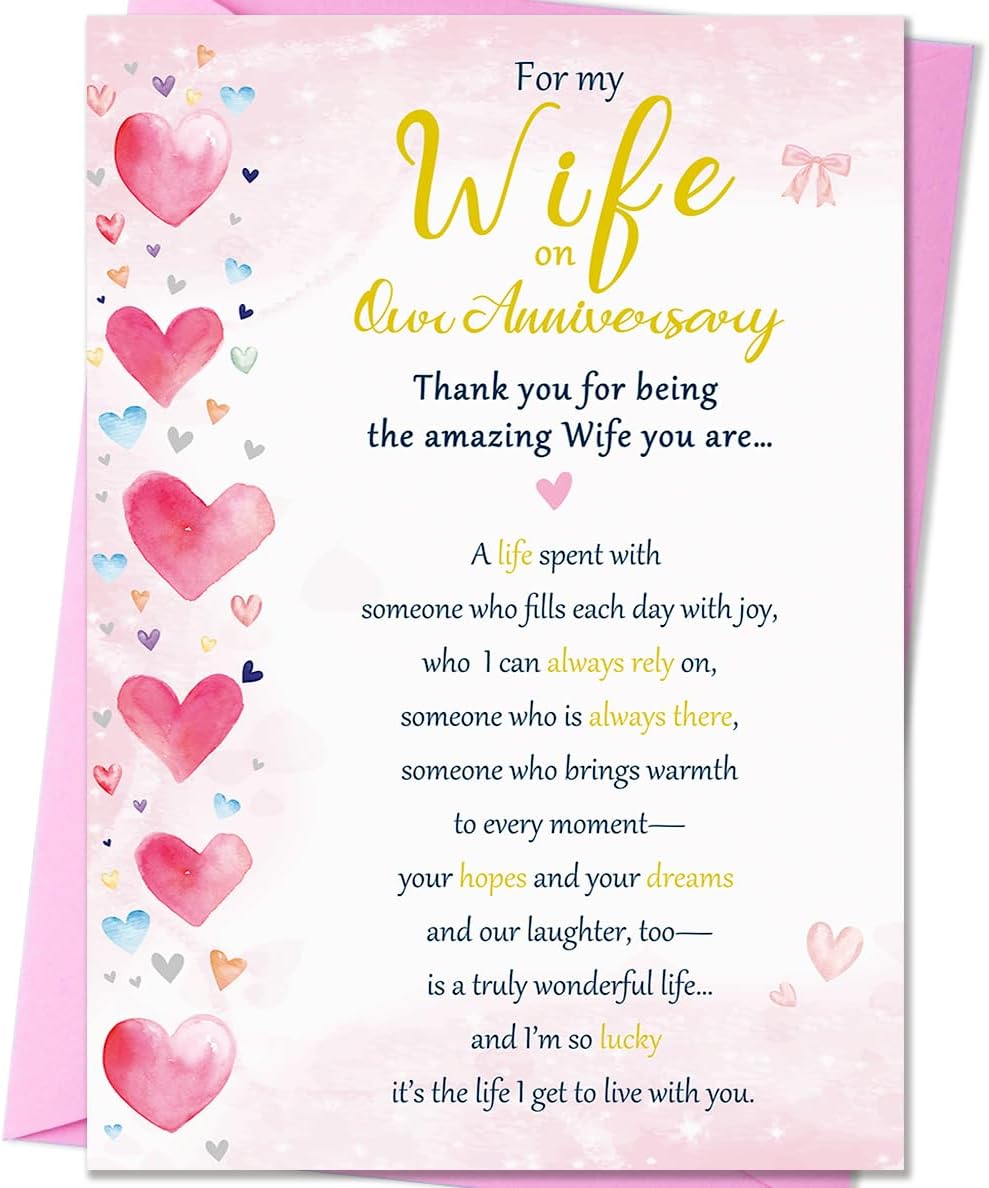 Beixian Anniversary Cards for Wife | Happy Wedding Anniversary Card Gift for Wife from Husband 8x5.3 Inches, Double Sided, with Matching Pink Envelope