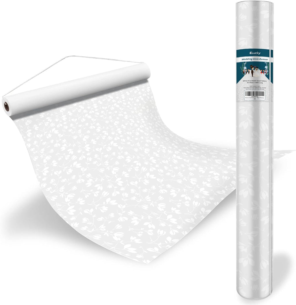 EZLucky Extra Long Wedding Aisle Runner 3x100 ft, White Non-Slip Runner with Double-Sided Tape & Pull Cord, Indoor Outdoor Aisle Runner for Wedding Ceremony, Cuttable Scroll Pattern