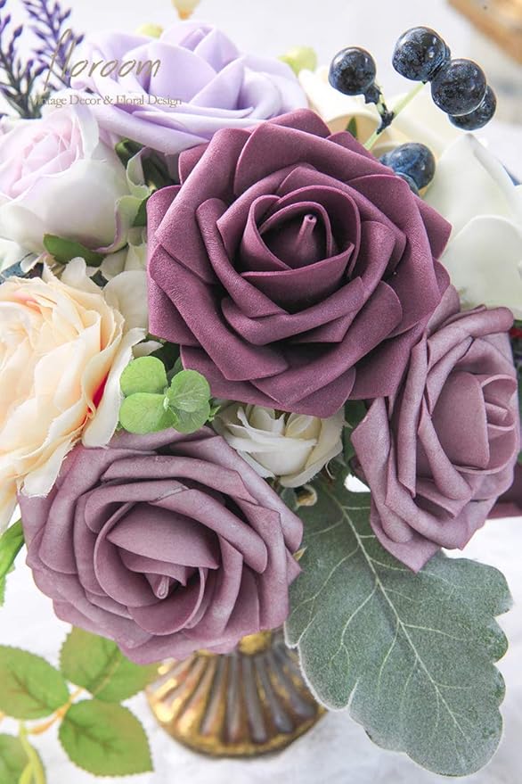 Floroom Artificial Flowers 25pcs Real Looking Plum Foam Fake Roses with Stems for DIY Wedding Bouquets Bridal Shower Centerpieces Floral Arrangements Party Home Decorations