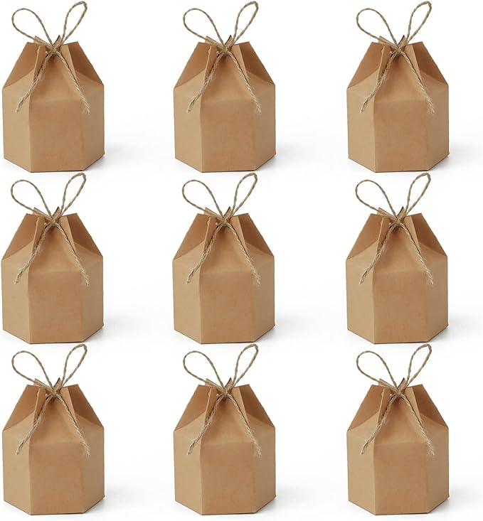 Zontween 50 Pack Hexagon Paper Box With Twines Kraft Paper Hexagon Boxes With Twice Candy Favor Present Boxes For Wedding Birthday Brown