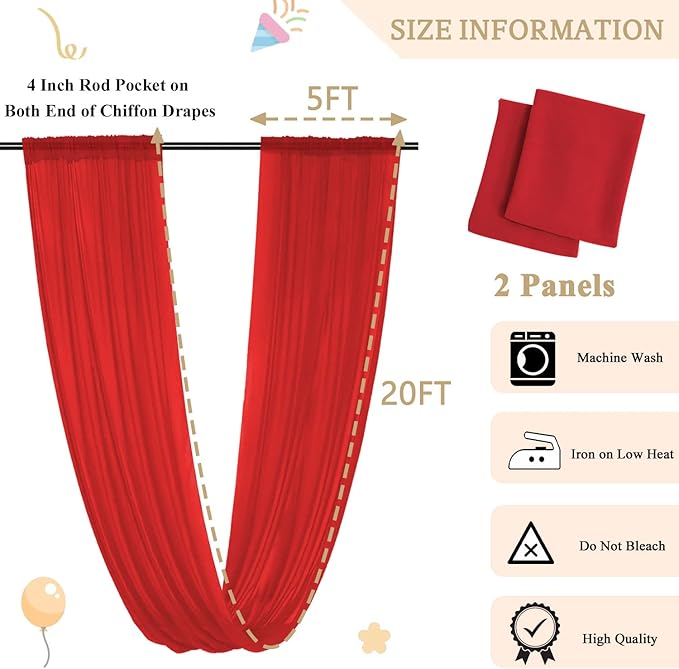 MODFUNS Red Ceiling Drapes for Parties Wedding Ceiling Drapery 2 Panels 5x20FT Chiffon Curtain for Backdrop Wedding Arch Draping Fabric for Ceremony Arbor Ceiling Curtains for Hall Stage Decorations
