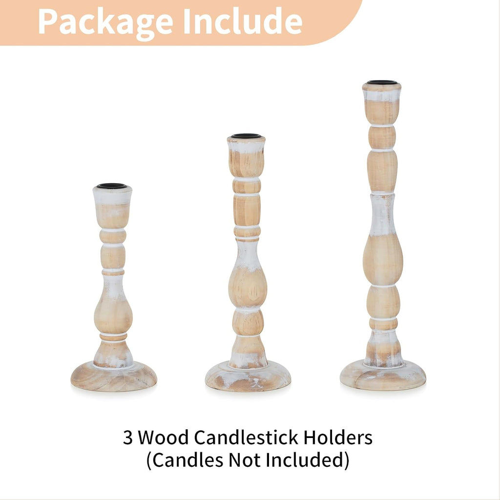 NUPTIO Tall Wooden Candle Stick Holders, Set of 3, Whitewashed | Vintage Farmhouse Boho Style, Rustic Wood Finish, Natural Solid Pine Wood, for Christmas Mantels, Gift Giving