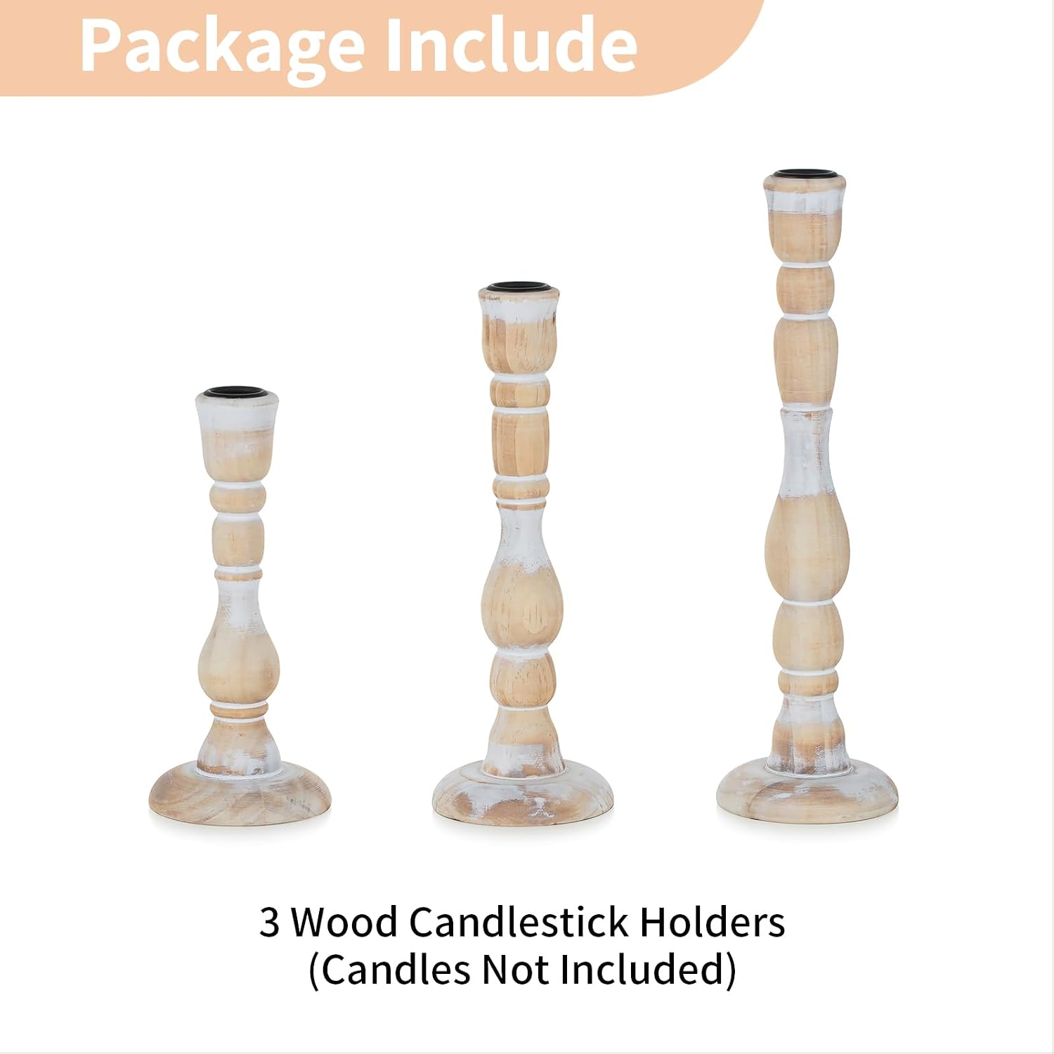 NUPTIO Tall Wooden Candle Stick Holders, Set of 3, Whitewashed | Vintage Farmhouse Boho Style, Rustic Wood Finish, Natural Solid Pine Wood, for Christmas Mantels, Gift Giving