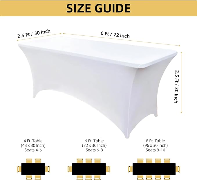 10-Pack 6ft White Spandex Table Covers for Rectangle Standard Folding Tables - Wrinkle Resistant Stretch Tablecloths - Ultimate Fitted Table Protector for Parties, Banquet, Wedding