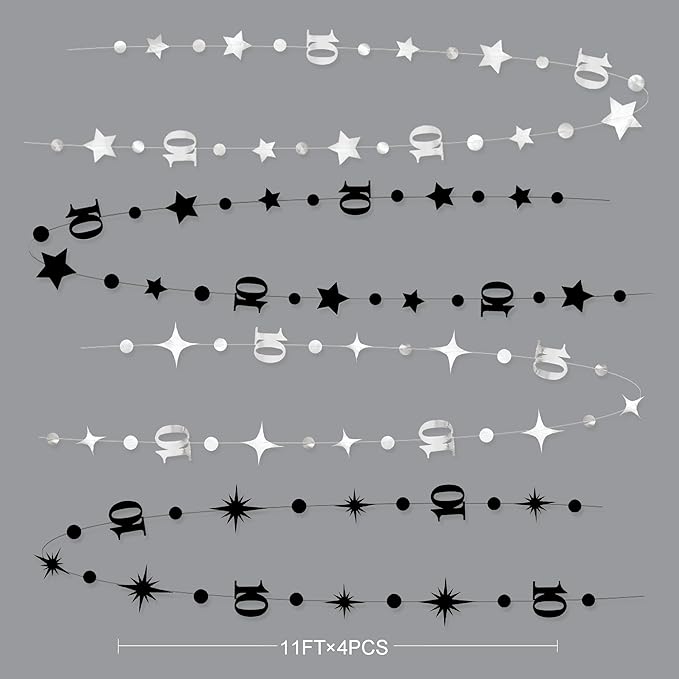 Silver Black 10th Birthday Decorations Number 10 Circle Dot Twinkle Star Garland Metallic Hanging Streamer Backdrop for Girls Boys Double Digits Ten Years Old Birthday 10th Anniversary Party Decor