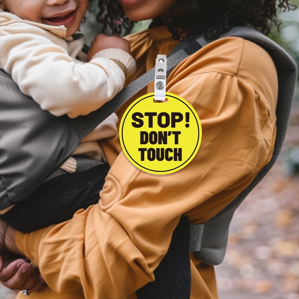 PLIGREAT 2 Pack Yellow Stop Don't Touch Baby Car Seat Sign for Newborn Babys Girl Boy No Touching Kissing Baby Reminder Signage for Babys Carrier Car Seat Stroller Tag with Hanging Straps and Clip