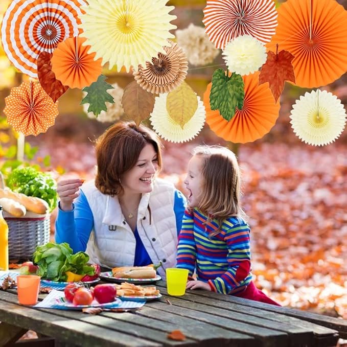 Easy Joy 14 Pcs Fall Party Decorations, Orange Hanging Paper Fans Autumn Paper Pompoms Lanterns Maple Leaves Bunting Garlands for Thanksgiving Celebration, Birthday Decor