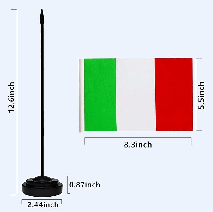 Italy Italian Deluxe Desk Flag Set Small Mini Miniature Italy Italian Table Desktop Flags With Solid Pole, Black Base and Spear Top(2 Pack)