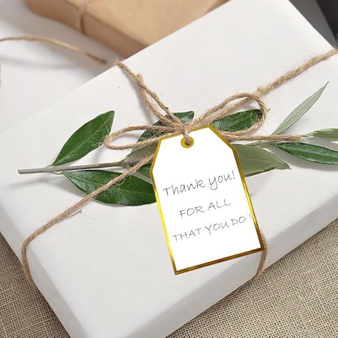 100Pcs Gold Gift Tags with String Attached Foil Gold Frame Large White Paper Gift Tags Presents with 65 Ft Jute Twine for Christmas Holiday Baby Shower Wedding Birthday Gift Wrap Tags