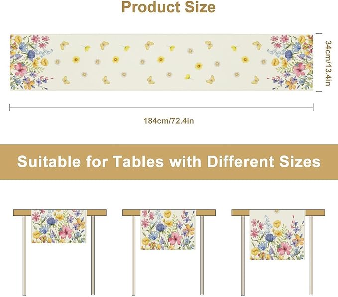 Flower Table Runner, Colorful Watercolor Pink Flower Plants Nature Butterfly Table Runner for Kitchen Dinner Living Room Home Party, 13x70 Inch