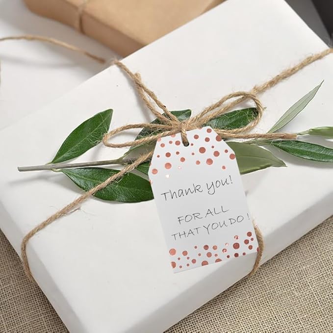 100Pcs Rose Gold Gift Tags with String Attached, ASYEHJNR Foil Rose Gold Dot Large Gift Bag Tags Presents with 65 FT Jute Twine, White Paper Gift Tags for Baby Shower, Wedding, Birthday Gift Wrap Tags
