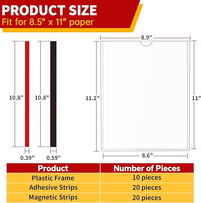 Rigid Magnetic Sign Holder 8.5 x 11 - Clear Plastic Magnetic Frames for Refrigerator Top Loaders Wall Sign Holder, Self Adhesive Frames for Walls Door Window Magnetic Picture Frame 10 Pack