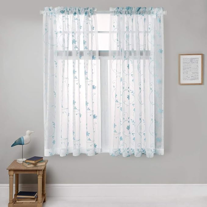 Floral Embroidery Sheer Curtains Blue 63 Inches, Rod Pocket Voile Drapes for Living room, Bedroom, Window Treatments Semi Crinkle Curtain Panels for Yard, Patio, Villa, Parlor, Set of 2, 52"x 63".