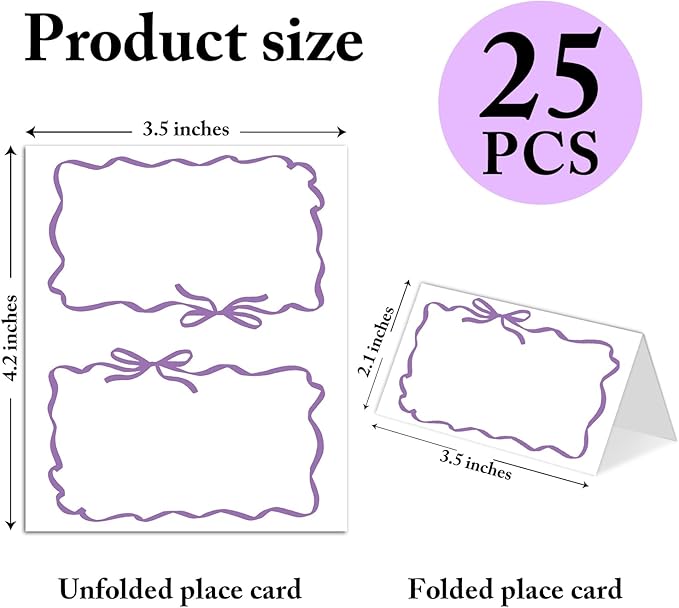 25 Pack Purple Bow Wave Place Cards, Editable Name Cards for Table Setting, Tent Cards Food Label for Dinner Party, Bridal Shower, Wedding, Baby Shower and Events -T16
