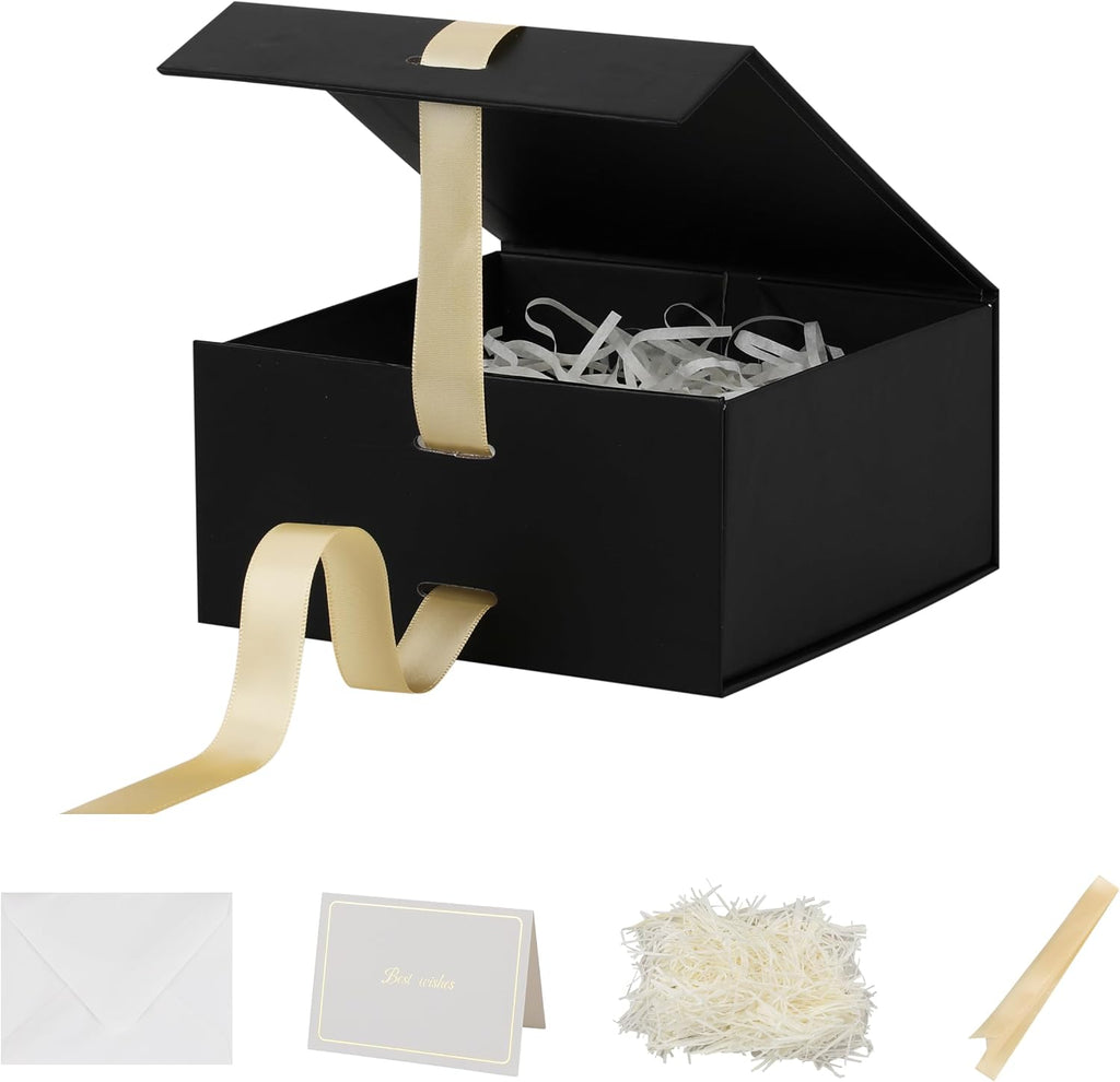 BoxSkivra Black Gift Box with Ribbon 1 Pack 6X6X3 Inch Small Gift Box with Lid Magnetic Closure Rectangle Collapsible Luxury Gift Boxes Shredded Paper Filler & Card