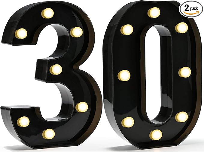 Pooqla Decorative Led Light Up Number Letters, Black Plastic Marquee Number Lights Sign for 30th Birthday Party Wedding Decor Battery Operated Black Decoration 30