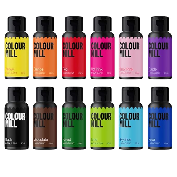 Colour Mill Kickstarter Pack Aqua Blend Water-Based Food Coloring, 20 Milliliters Baby Pink, Black, Chocolate, Forest, Hot Pink, Lime, Orange, Purple, Red, Royal, Sky Blue & Yellow