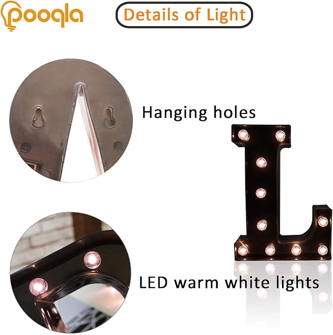 Pooqla Decorative LED Illuminated Letter Marquee Sign - Alphabet Marquee Letters with Lights for Wedding Birthday Party Christmas Night Light Lamp Home Bar Decoration L, Black