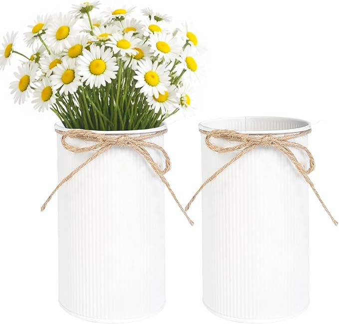 6" High Farmhouse Vases for Centerpiece, Rustic Mason Jars with Twine Bow for Flowers, Vintage Galvanized Metal Vase Tin Bucket for Wedding Home Decor (White, 2Pcs)